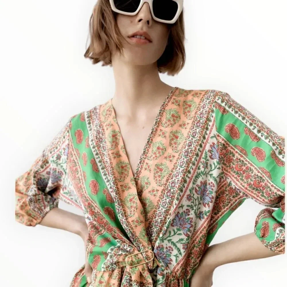 Zara Multicolor Printed Linen Blend Romper Size L Boho V-Neck Tie Front NWT